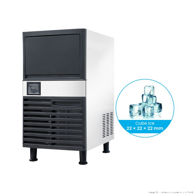 A commercial ice machine with a white body and black front panel, shown on a white background with a circular graphic indicating cube ice 22 x 22 x 22 mm.