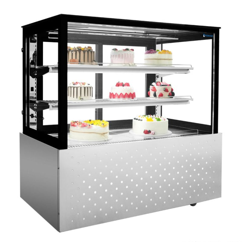 Bonvue SG120FA-2XB chilled food display stocked with cakes on three levels, angled front view of the black-framed glass cabinet on a stainless steel base
