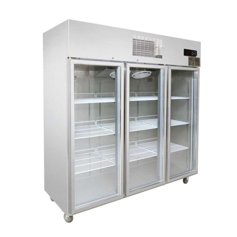 Thermaster SUCG1500 stainless steel upright display fridge with three glass doors, angled front view showing wire shelves inside, on castors