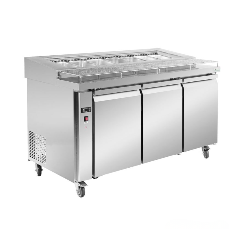 Thermaster PWB150 three door deluxe pizza prep bench, angled view: stainless steel refrigerated bench with a pan well along the top, three doors and castors