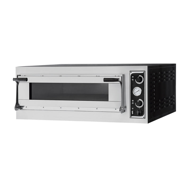 BakerMax TP-2-1 single deck electric pizza oven, angled front view showing the glass door, controls and side vents