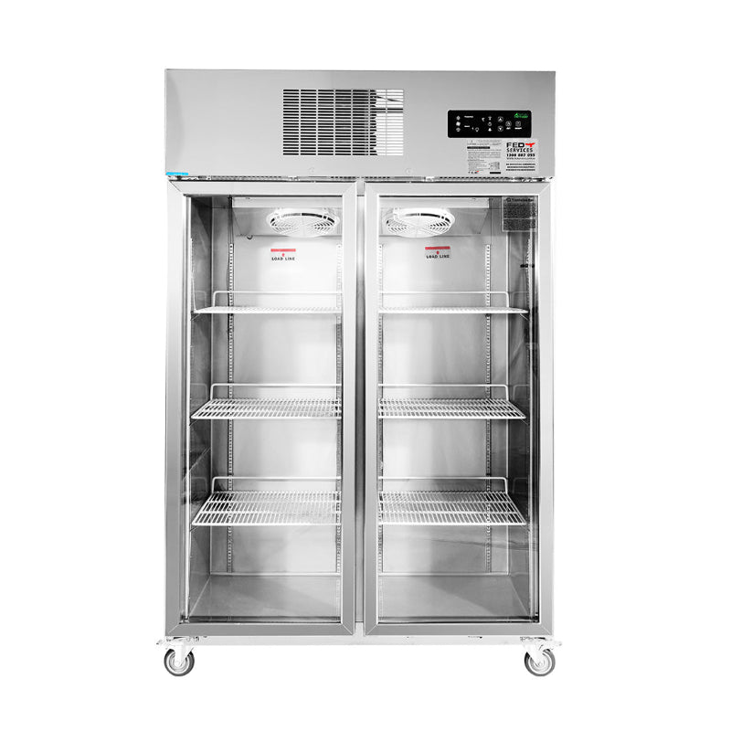 Thermaster SUCG1000 stainless steel upright display fridge with two glass doors, front view showing wire shelves inside and a top-mounted compressor