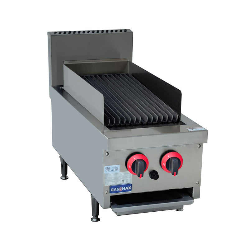 Gasmax QR-14ELPG 2 burner LPG char grill, angled front view with cast iron grill bars, stainless splashback, two red control knobs and front drip tray