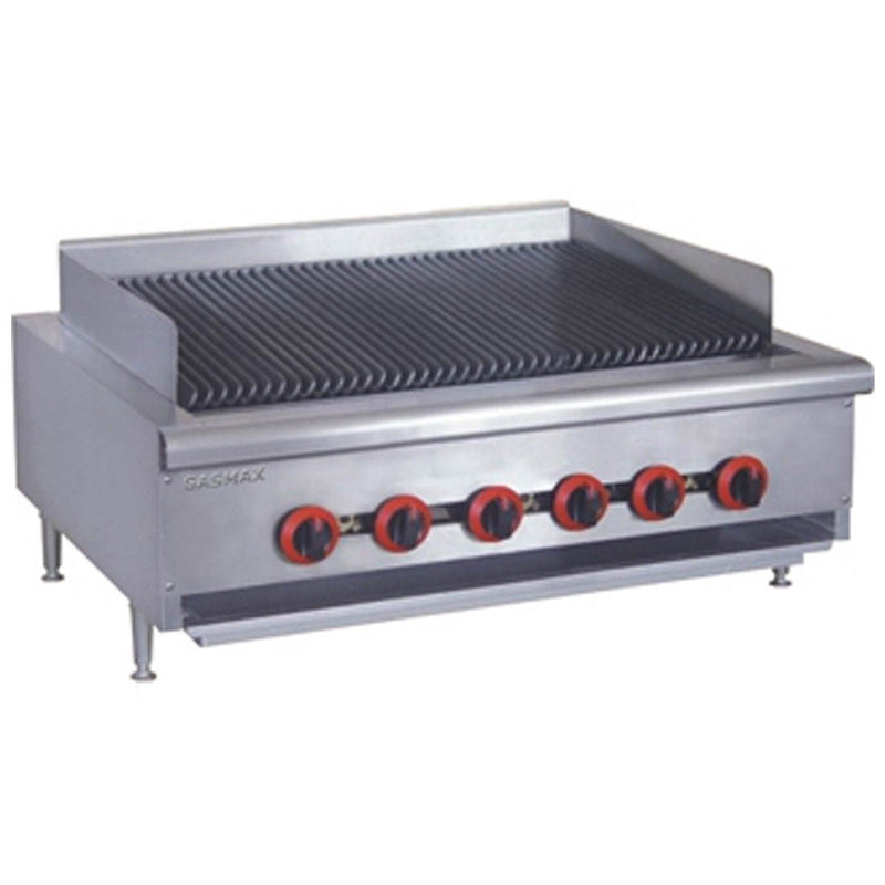 Gasmax QR-36ELPG 6 burner LPG char grill, angled front view with stainless body, grill bars and six red control knobs