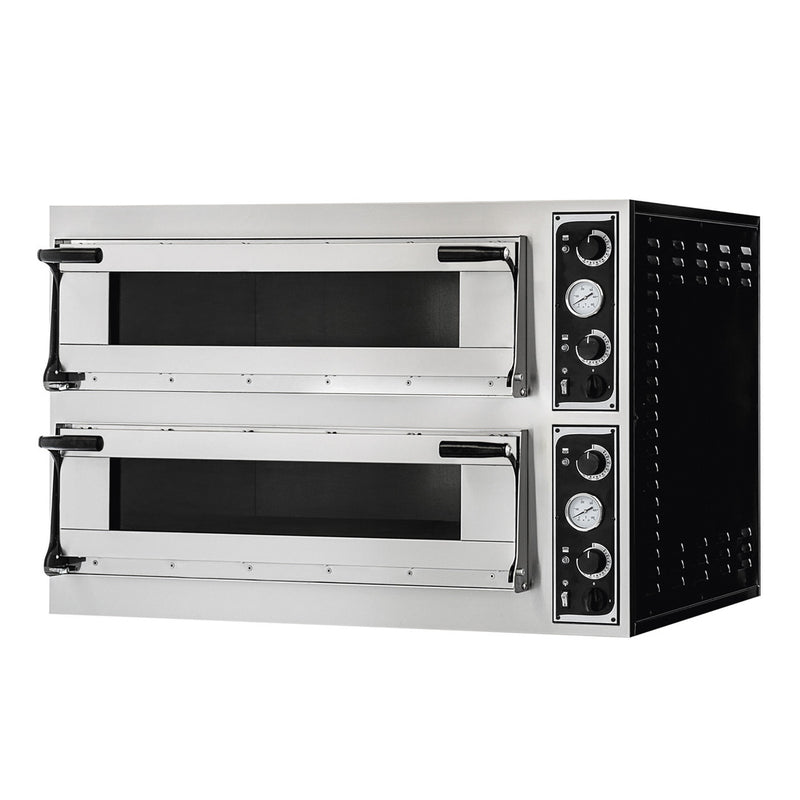 Prismafood TP-2 double deck electric pizza oven, angled front view showing both glass doors, controls and side vents
