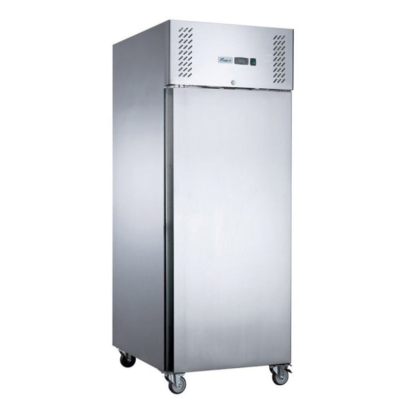 FED-X XURC600SFV stainless steel single-door upright fridge, angled front view on castors with the control panel at the top
