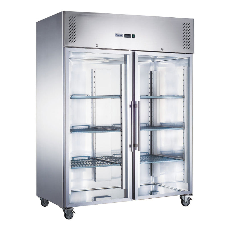 FED-X XURC1200G2V stainless steel upright fridge with two full-length glass doors and wire shelves visible inside, angled front view on castors