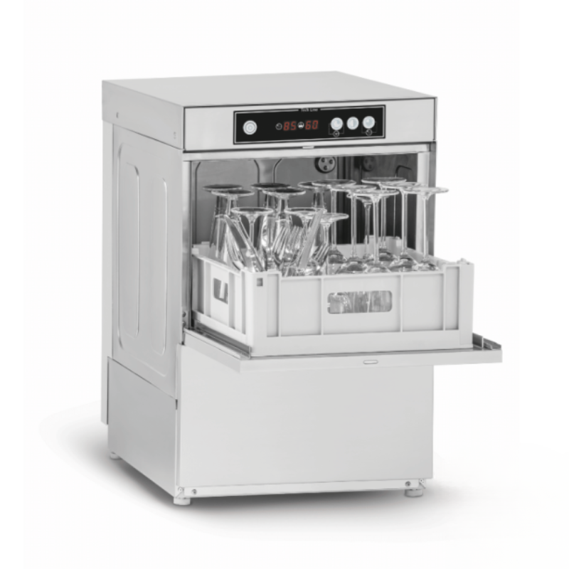 Commercial dishwasher with open door displaying clean dishes on a white background