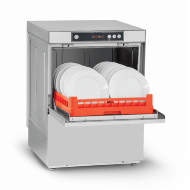 Commercial dishwasher with plates inside on a white background