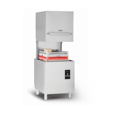 Stainless steel dishwasher with open door on a white background