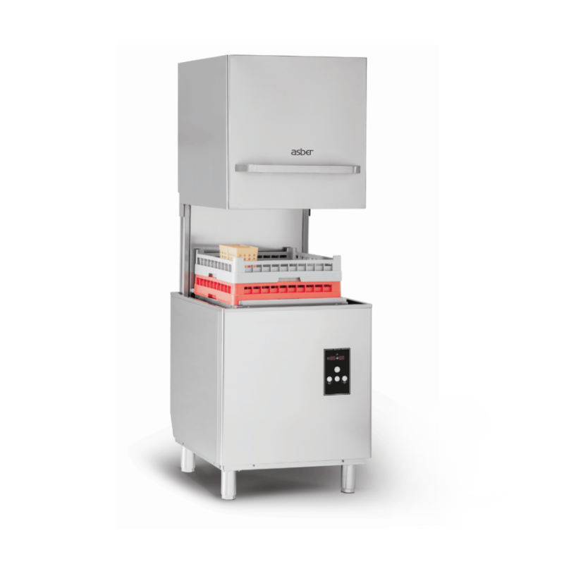 Stainless steel dishwasher with open door on a white background