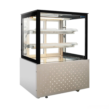 Display case with glass front and white base on a white background