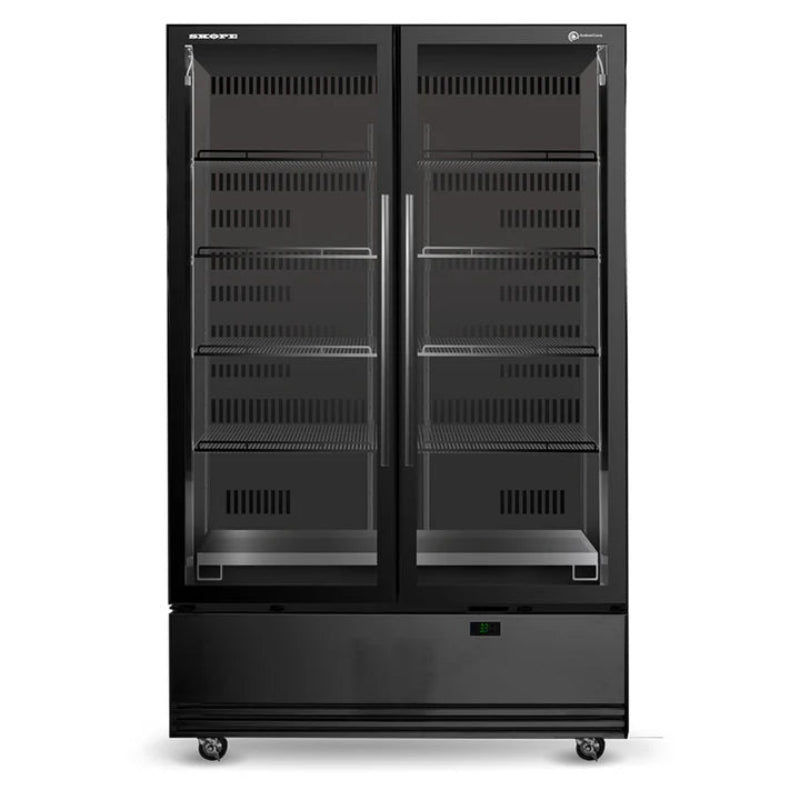 SKOPE BME1200N-A black two-door glass display fridge, front view with the interior lit and wire shelves visible