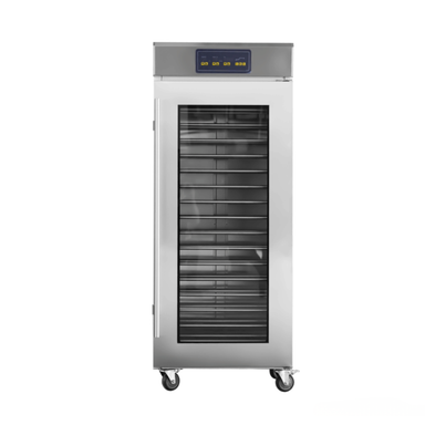 Stainless steel commercial refrigerator with digital display on a white background