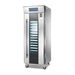 Stainless steel commercial refrigerator with digital display on a white background