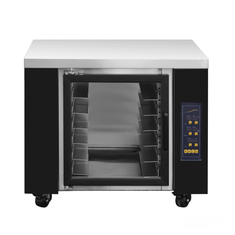 Commercial oven with open door on a white background