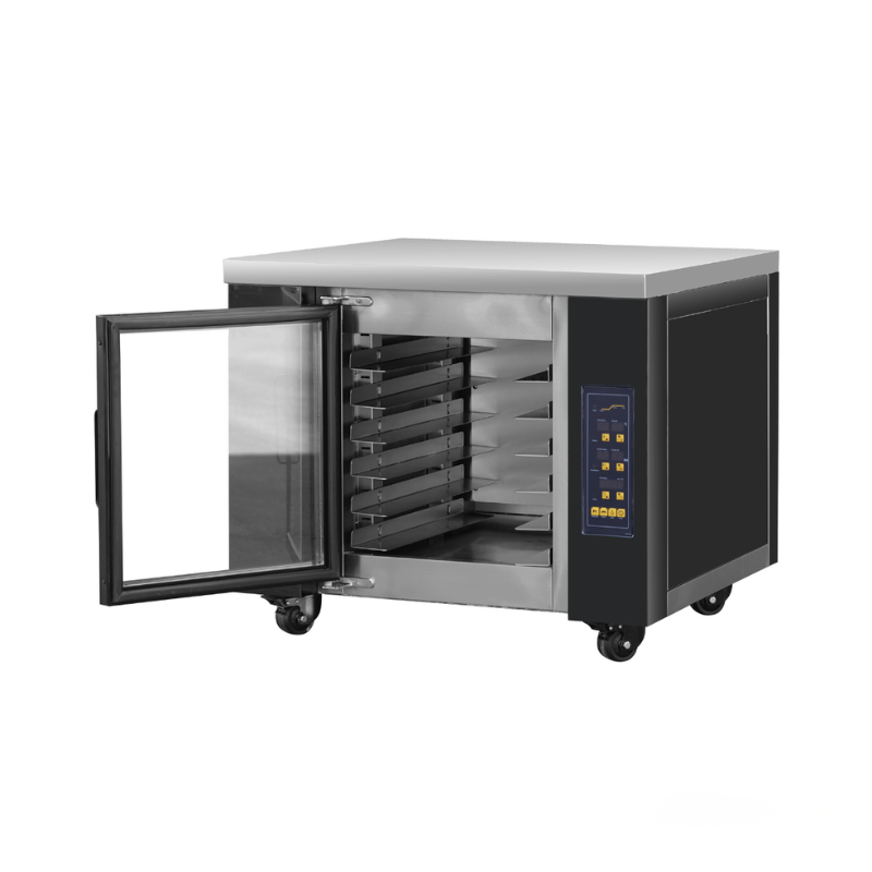 Commercial oven with open door on a white background