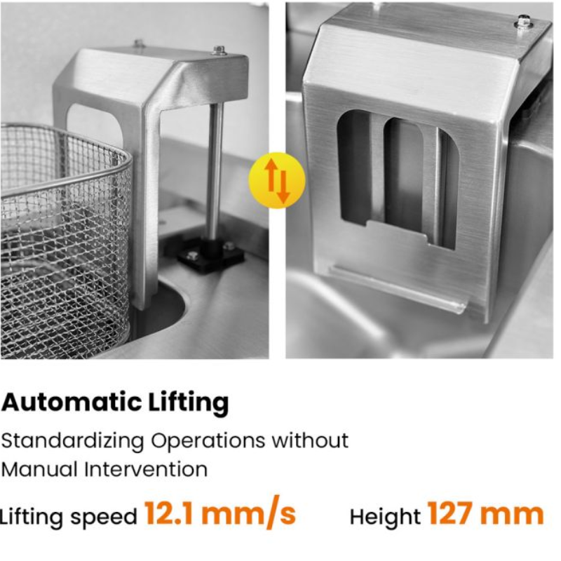 Stainless steel machine component with text indicating automatic lifting feature.