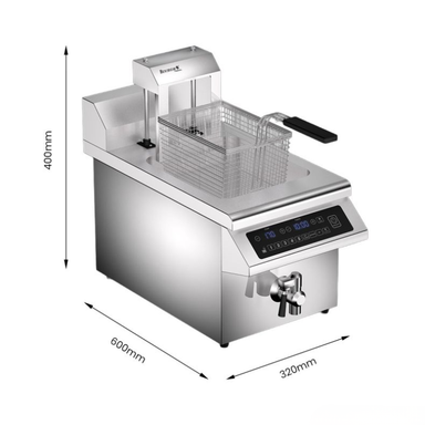Stainless steel deep fryer with dimensions labeled on a white background