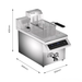 Stainless steel deep fryer with dimensions labeled on a white background