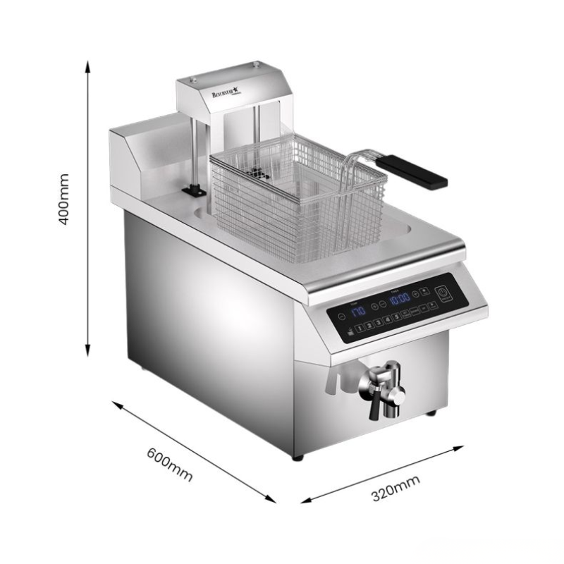 Stainless steel deep fryer with dimensions labeled on a white background