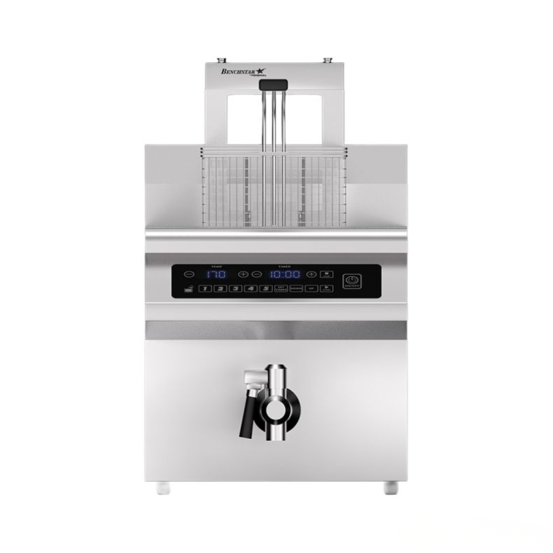 Stainless steel deep fryer with digital control panel on a white background