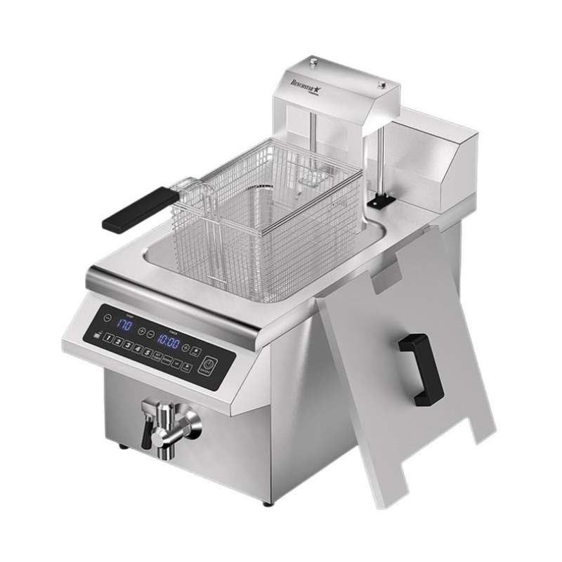 Stainless steel deep fryer with digital control panel on a white background