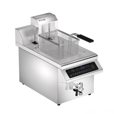 Stainless steel deep fryer with digital control panel on a white background