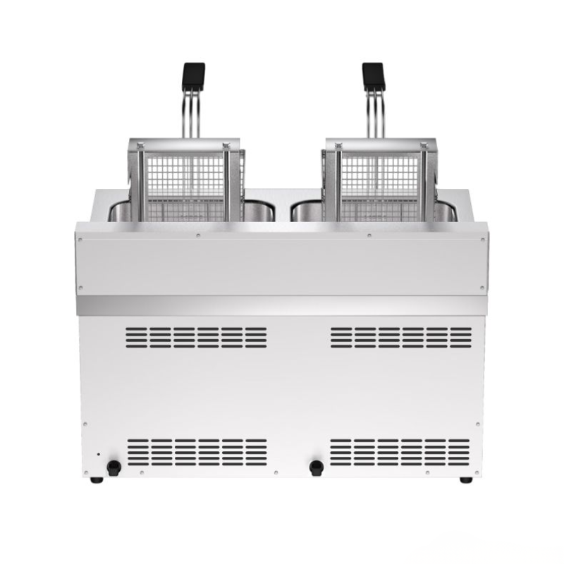 Stainless steel deep fryer with two baskets on a white background