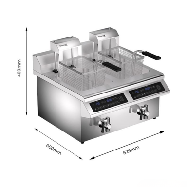 Stainless steel deep fryer with dimensions labeled on a white background