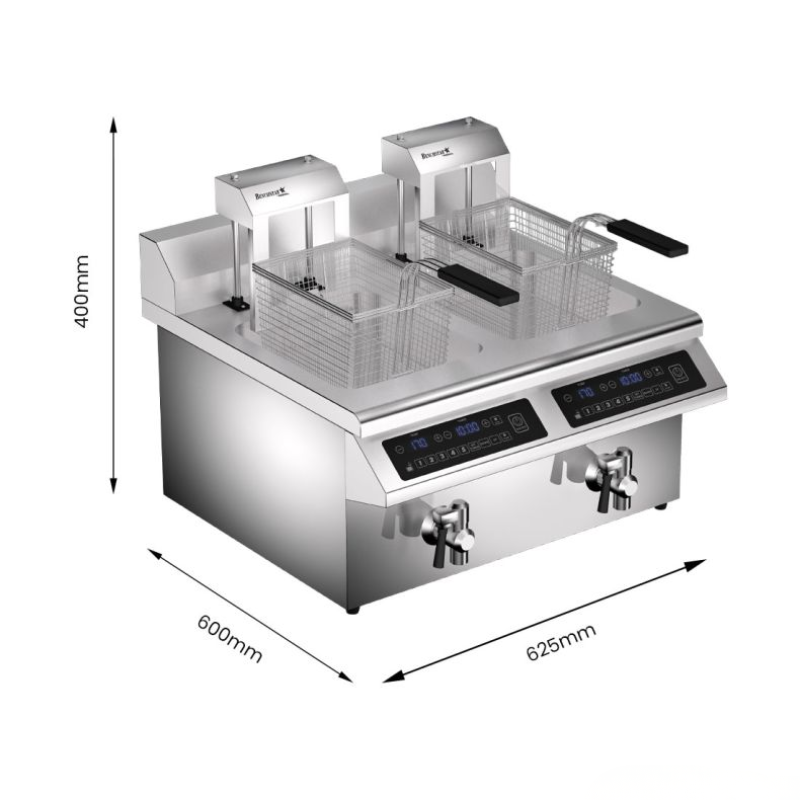 Stainless steel deep fryer with dimensions labeled on a white background