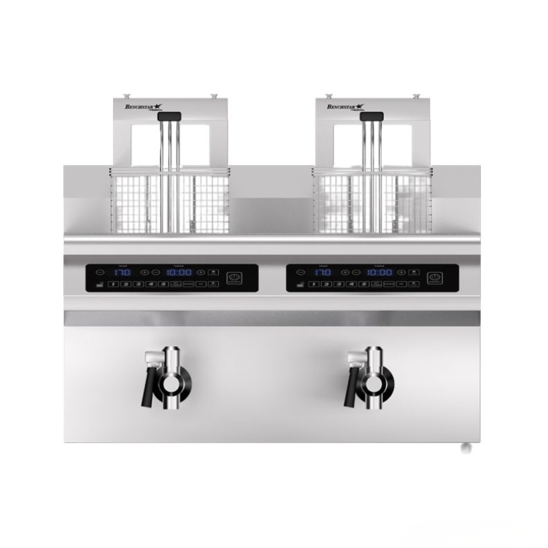 Stainless steel kitchen equipment with digital controls on a white background