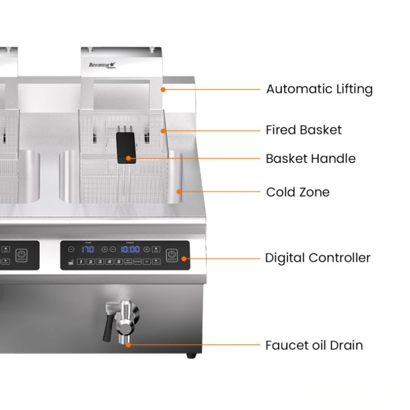 Stainless steel deep fryer with labeled parts on a white background