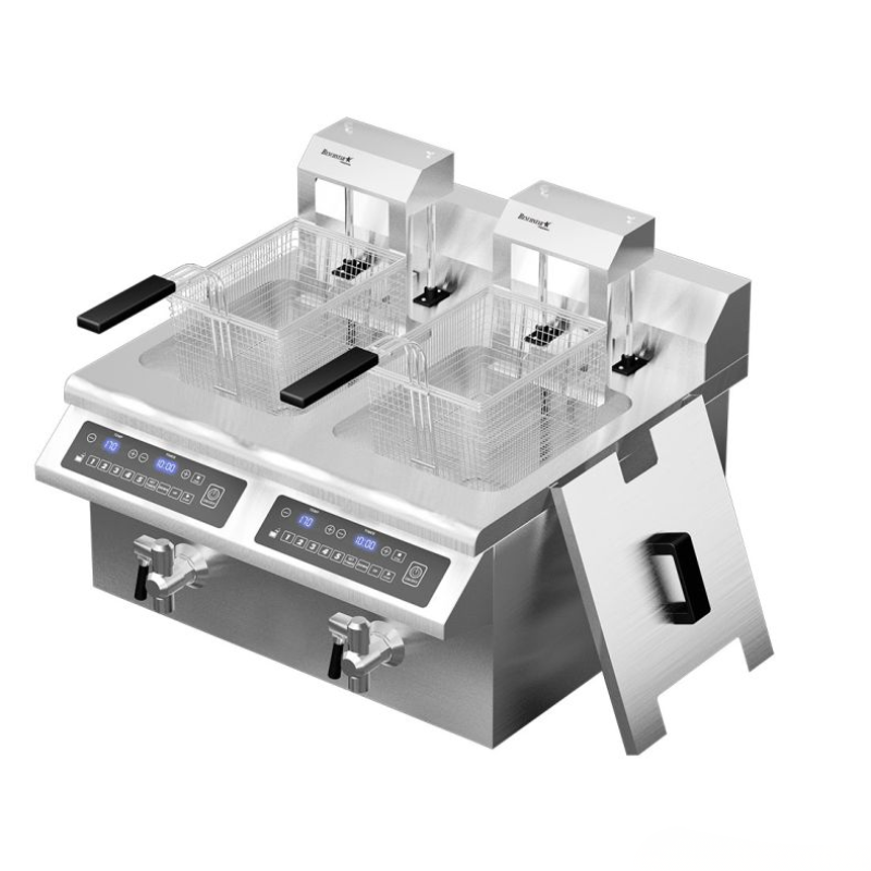 Stainless steel deep fryer with digital controls on a white background