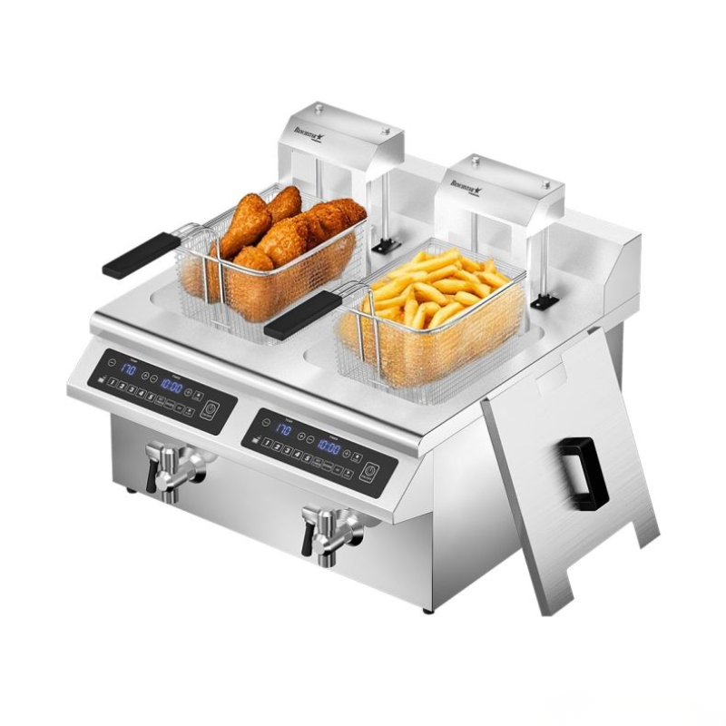Double deep fryer with two baskets of food on a white background
