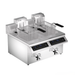 Stainless steel deep fryer with digital control panel on a white background