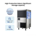 Ice machine with granular ice display, output, and storage capacity information on a white background.