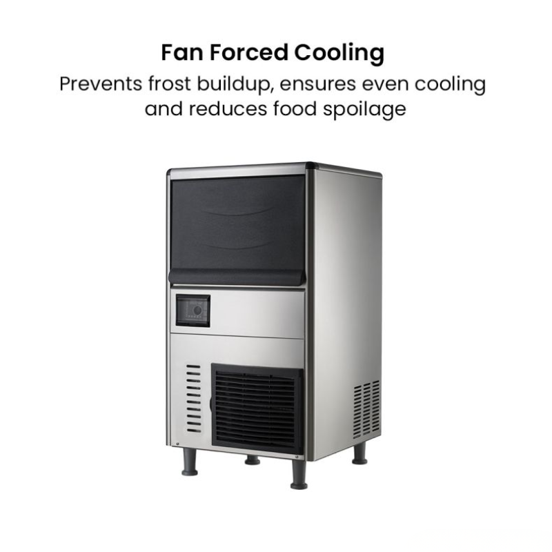 Fan forced cooling system for food preparation equipment on a white background
