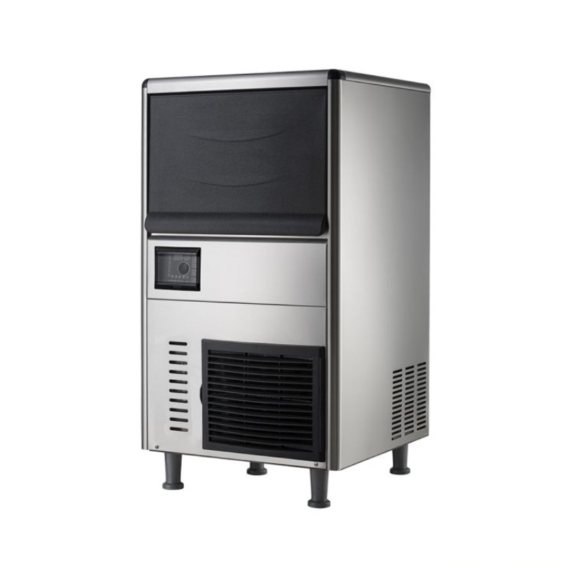 Stainless steel ice maker on a white background