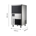 Stainless steel ice maker with dimensions indicated on a white background