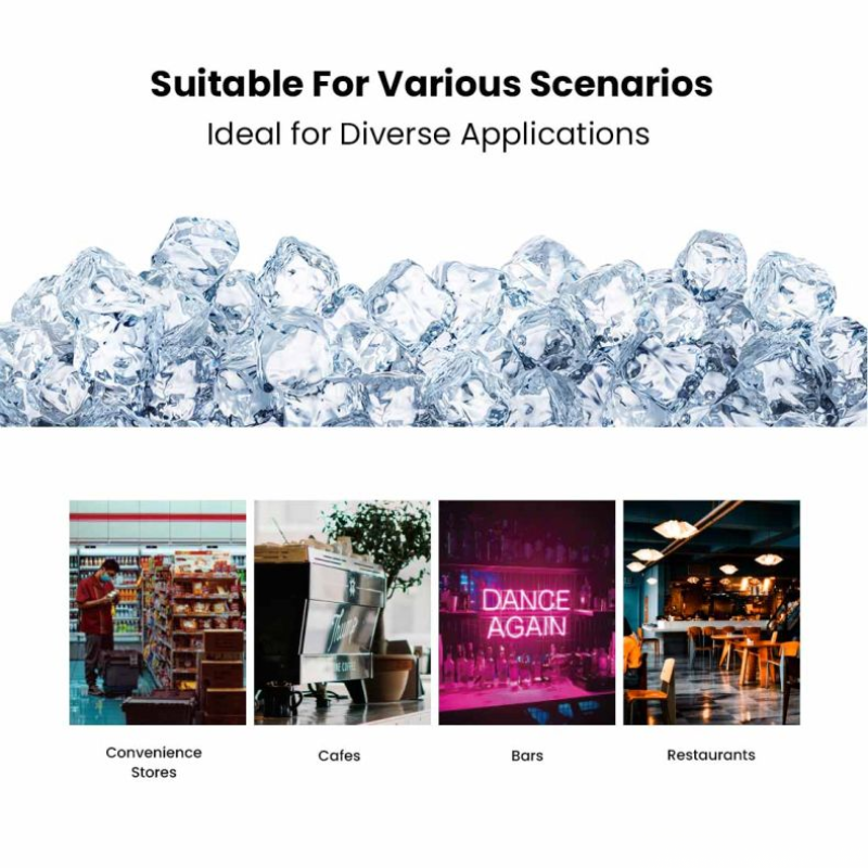 Ice cubes with text 'Suitable For Various Scenarios Ideal for Diverse Applications' and images of a convenience store, cafe, bar, and restaurant.