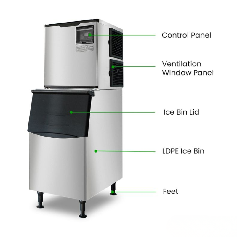 Ice machine with labeled parts on a white background