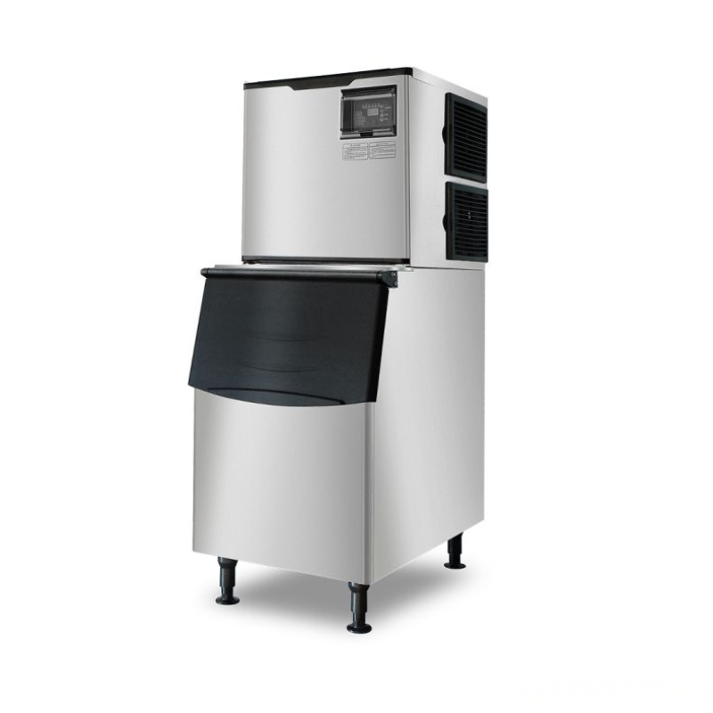 Stainless steel ice machine on a white background