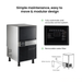 Ice machine with control panel and text highlighting features on a white background