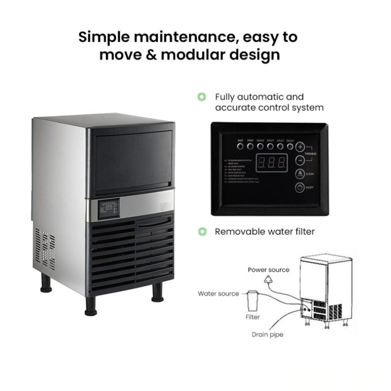 Ice machine with control panel and text highlighting features on a white background