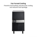 Commercial ice maker with text about fan forced cooling on a white background