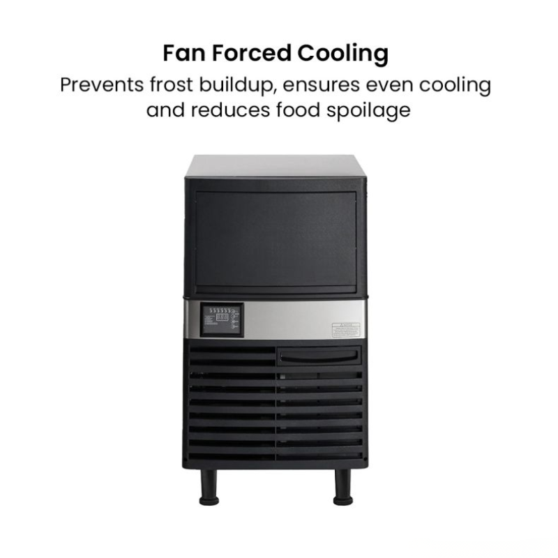 Commercial ice maker with text about fan forced cooling on a white background