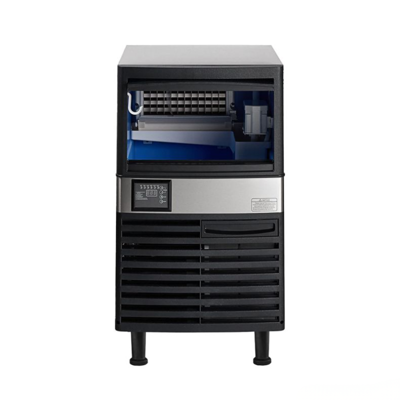 Commercial ice maker with black base and silver top on a white background