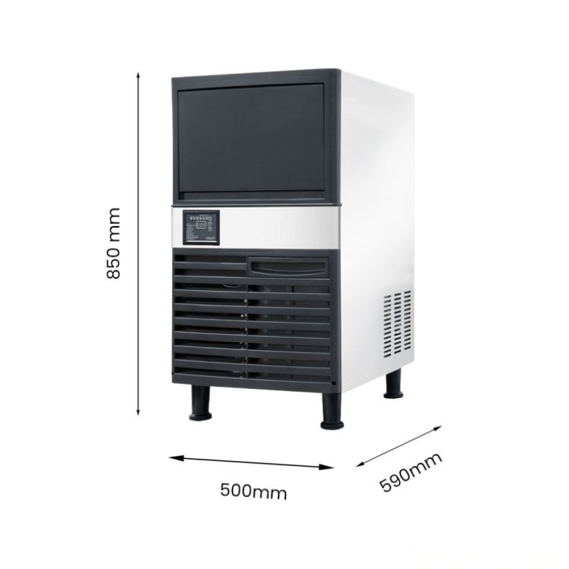 Ice machine with dimensions labeled on a white background