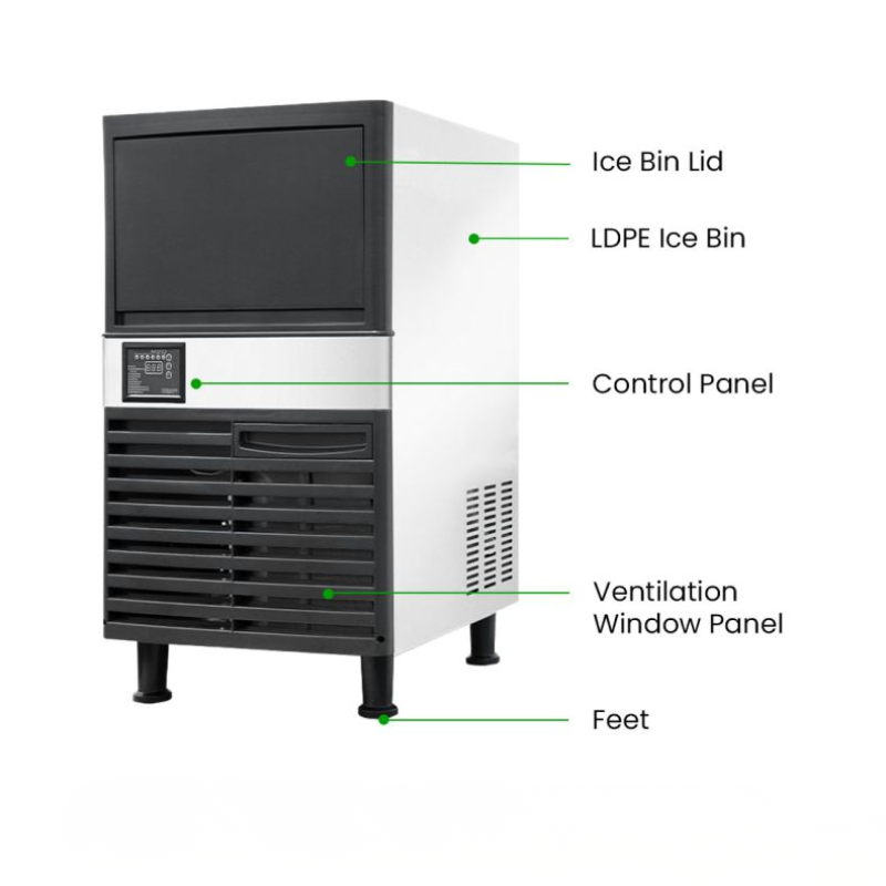 Ice machine with labeled parts on a white background
